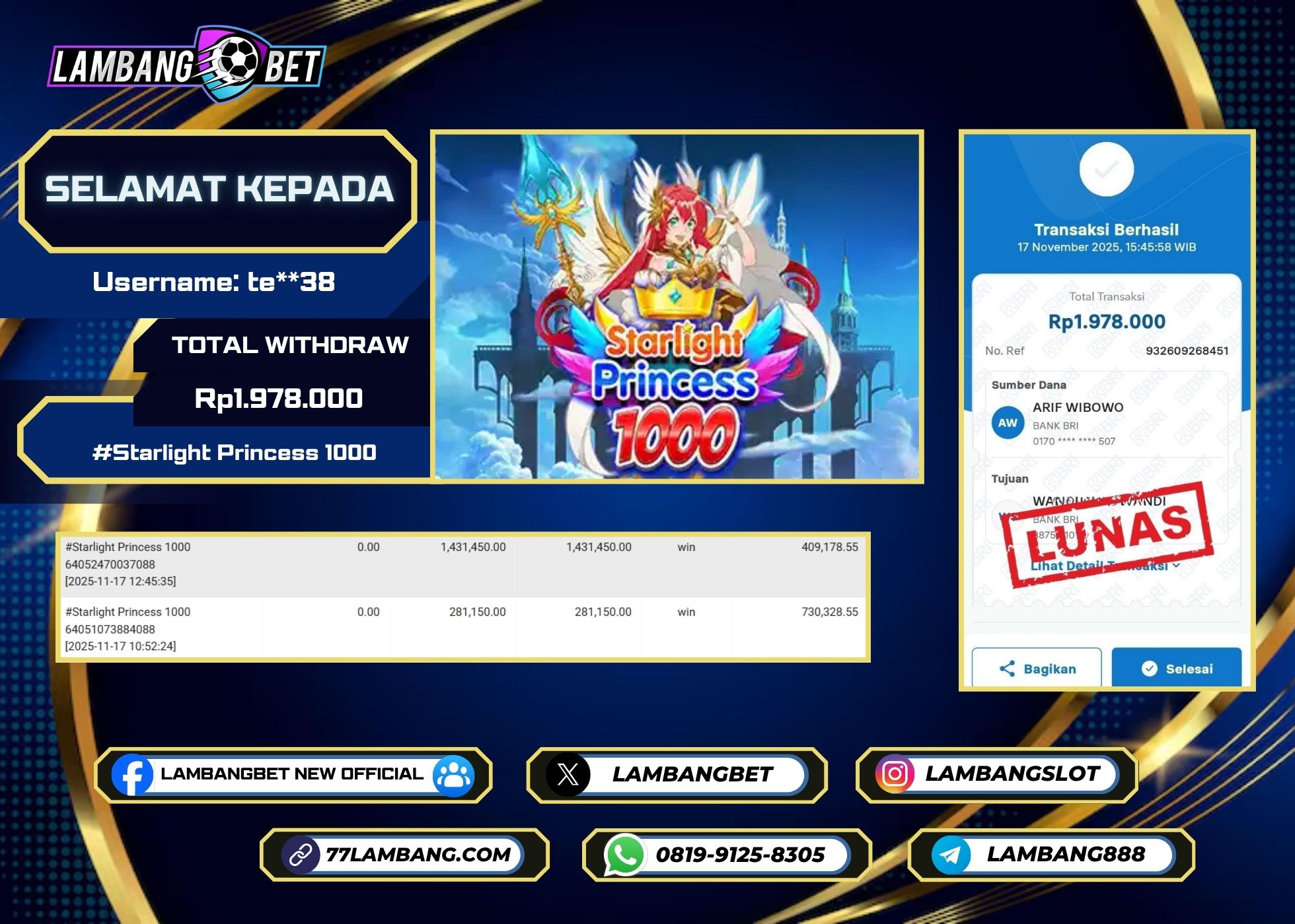 LAMBANGBET [17 NOVEMBER 2025] JACKPOT SLOT Starlight Princess 1000 "Rp1.978.000" LUNAS